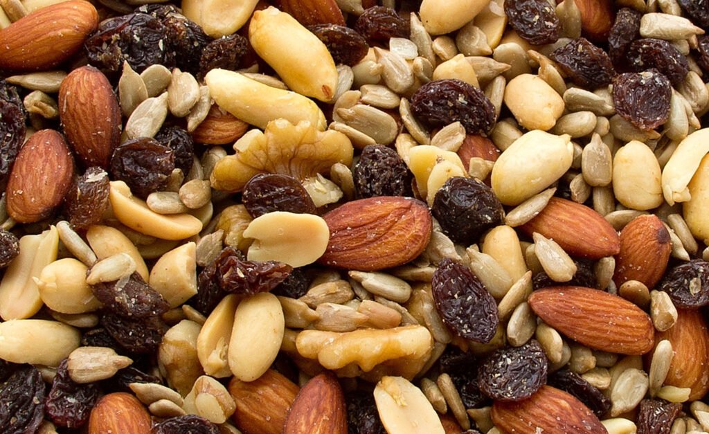 Trail mix blend of nuts, fruits and sunflower seeds for an easy festival, camping or hiking snack